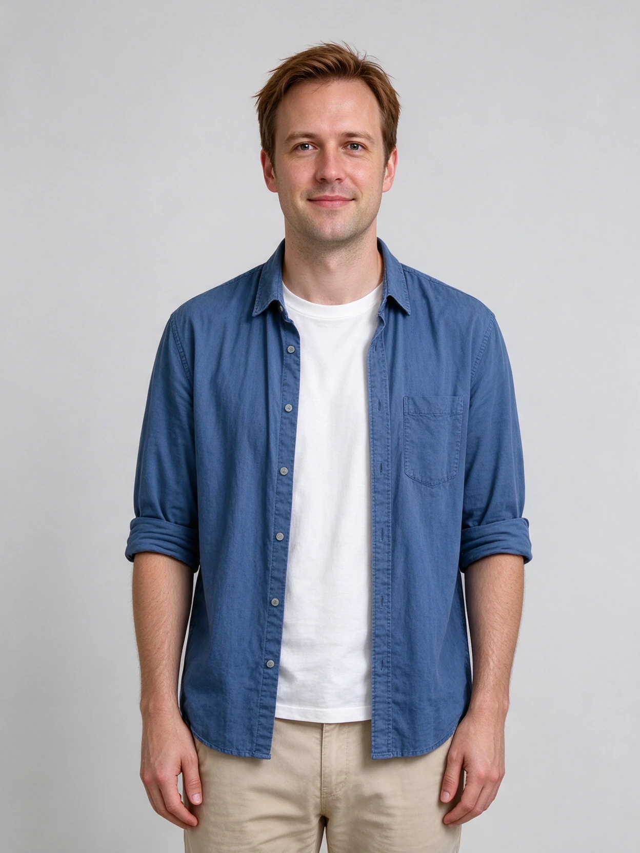 A man in a blue overshirt used as the person input for the orange tabby video