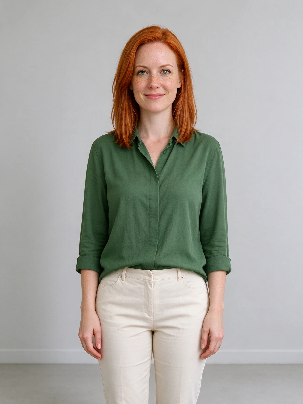 A red-haired woman in a green shirt used as the person input for the silver tabby video